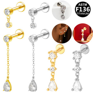 Piercing d'oreille en titane avec chaîne en zircon, design goutte d'eau, bijoux de mode ASTM F136 - Product Image 1