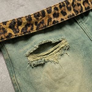 Pantalones Cortos de Mezclilla Desgastados para Hombre con Bordado de Cristales y Cinturilla de Leopardo Tejida, Estilo Urbano, Algodón Roto, Estilo Veraniego, Fabricante ODM - Product Image 2