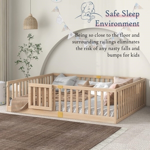 Letto a Terra Montessori Personalizzato in Legno Naturale per Bambini, Struttura con Ringhiere di Sicurezza e Porta - Product Image 3