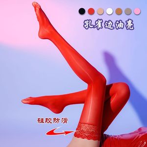 Lace Trimmed Glossy Thigh High Stockings Thin Shiny Silicone Anti Slip Women's Clubbing Wear Skin Tone Pink White Black Red - Product Image 5