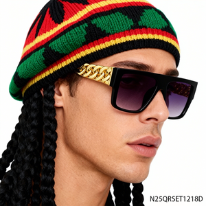 Conjunto Retro Rastafari de los 90 de PESENAR - Gorro de Punto con <span class=keywords><strong>Trenzas</strong></span>, Gafas de Sol Cuadradas Doradas - Product Image 4