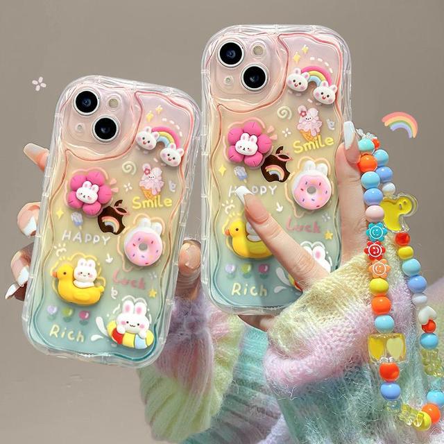 3D Cartoon Rainbow Bunny Donut Duck Soft TPU Phone Case with Wristband Chain for iphone 17 Pro Max 16 15 14 Plus 13 12 11 XR XS