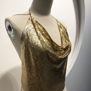 GC006 Golden Women senza schienale scollo a catenina con paillettes maglia di maglia in metallo per Mini abito da festa - Product Image 3