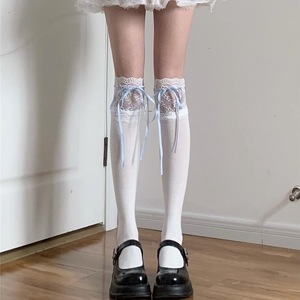 <b>White</b> Lace Trim Over The Knee <b>Socks</b> 5D Ultra Thin Breathable Women's JK Style Ballet Ribbon Bow <b>Long</b> <b>Socks</b> - Product Image 3