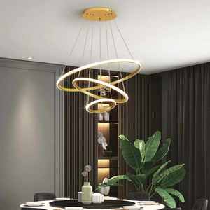 Lampadario a LED Moderno Nordico a 3 Anelli in Acrilico Dorato, Luce Bianca Calda, Lampada a Sospensione Circolare per Arredamento Casa, Hotel, Soggiorno - Product Image 5