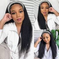 Vente en gros naturel léger Yaki droite bandeau perruque cheveux humains Remy péruviens cheveux tisse et perruques sans colle perruque avec bandeau