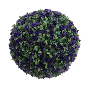 Bola de hierba de boj de hoja de plástico verde artificial de 28cm con flor blanca para decoración de jardín al aire libre