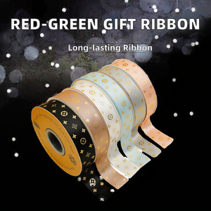 Bobine de ruban de Noël en polyester imprimé or, motif rouge-vert, pour emballage, fête de Noël et décoration d'arbre de Noël, vente en gros - Product Image 2