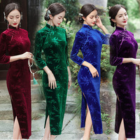 Gaun Tradisional Wanita Ukuran Besar Gaya Modern Tradisional Cina Lengan Panjang Beludru Cheongsam Qipao