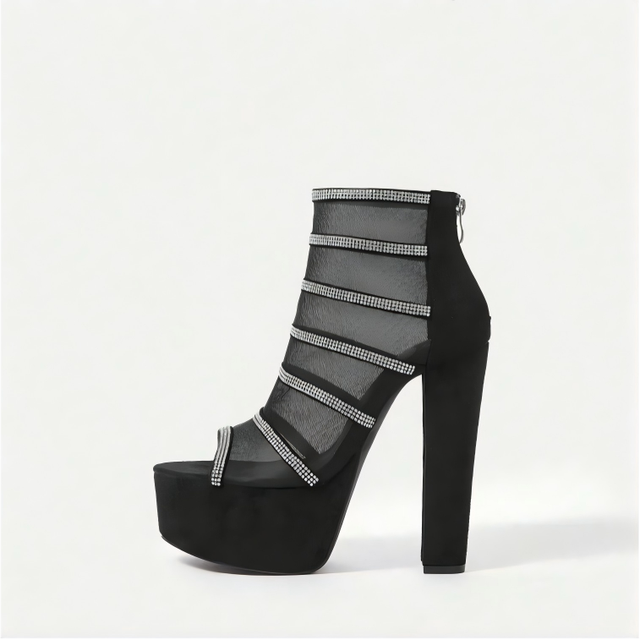 Women's Black Mesh Platform Ankle Boots Open/Round Toe Super High Chunky Heel Rhinestone Strips Sexy Breathable Comfort Party