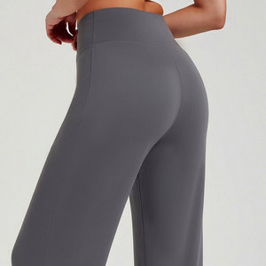 <b>High</b> Waisted Full Length Straight Leg Yoga Pants Elastic Waist Seamless Breathable Spandex Nylon Gray for Young Women Spring - Product Image 3