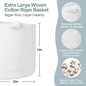 Paniers de rangement en corde de coton tressée pour jouets de chambre d'enfant, paniers pour enfants et chiens, panier à linge pour vêtements et serviettes, blanc - Product Image 2
