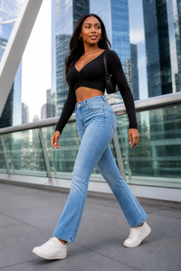 Pantalones vaqueros ajustados de cintura alta para mujer, elásticos, de mezclilla, estilo lápiz, para verano y otoño, venta al por mayor, con etiqueta personalizada, OEM - Product Image 3