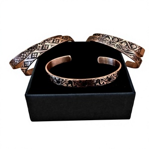 Premium Pure Copper <b>Engraved</b> Vintage Floral Leaf Pattern Cuff <b>Bangle</b> Adjustable Open Flat Wristband - Product Image 1