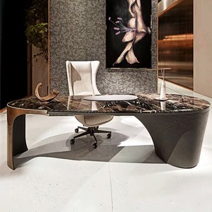 Ensemble de chaise de bureau de direction contemporaine de luxe italienne, bureau de maison moderne italien, acier inoxydable, plateau en bois et marbre, patron - Product Image 2