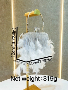 Bolso de Noche de Lujo con Plumas de Avestruz y Pedrería <span class=keywords><strong>para</strong></span> Mujer, Bolso de Mano con Asa de Metal <span class=keywords><strong>para</strong></span> Cena, Banquete, Fiesta - Product Image 5
