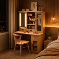 Meja Rias Tinggi Kayu Oak Alami dengan Cermin LED Geser, Kabinet Kaca Beralur, Rak Buku, dan Set Kursi untuk Kamar Tidur