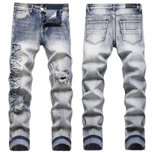 Jean slim déchiré pour homme, taille mi-haute, style motard, patchwork, denim vieilli, coupe skinny, style hip-hop - Product Image 1