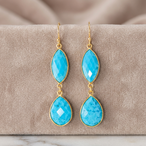 Nouveauté : Boucles d'oreilles pendantes en argent plaqué or 925 avec pierres précieuses turquoise en forme de poire et de marquise - Product Image 2