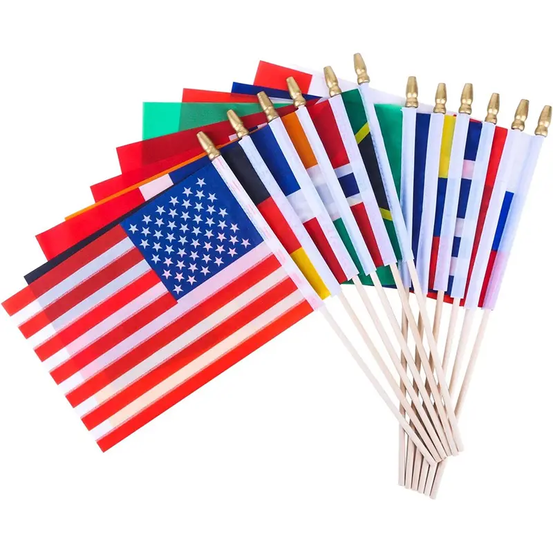 Commercio all'ingrosso di tutti i paesi nazionali modello personalizzato 14x21cm Mini bandiere a mano ondeggianti in poliestere stampate su entrambi i lati