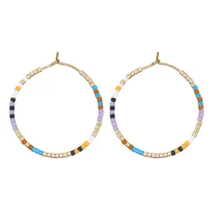 Women Fashion Jewelry Gold Plated Stainless Steel Large Hoop Beaded Earrings Boho Colorful Seed Bead Earrings