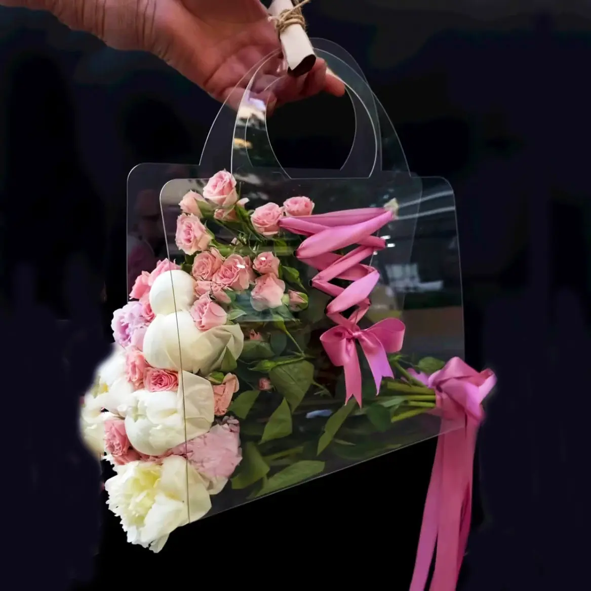 Tiktok Hot Selling New Wedding Gift Tote Bag PVC Plastic Transparent Folding Flower Packaging Bag For Bouquet