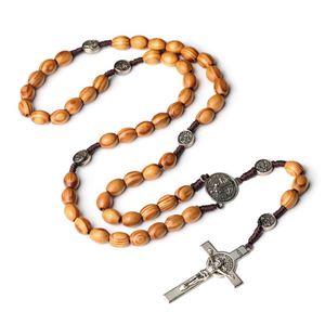 Collier chapelet en bois, cadeaux catholiques, chapelets religieux, perles de prière 8*10mm, croix chrétienne catholique, bijoux Jésus-Christ - Product Image 5
