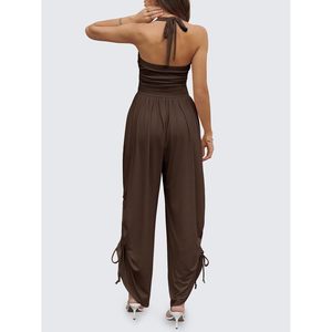 Mono casual personalizado para mujer, de verano, sin mangas, con cuello halter, fruncido, de pierna ancha, largo, elegante, de color liso. - Product Image 3