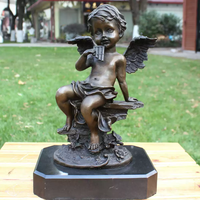 Sculpture de femme en bronze coulé avec harpe, patine antique, statue de musicienne, base nuage, ornement décoratif pour hall intérieur