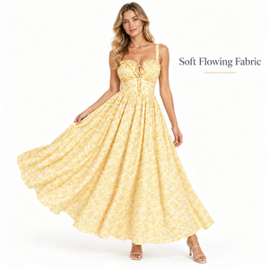 Abito midi da donna alla moda con volant, spalline e stampa floreale, vita arricciata, linea ad A, stile bohémien per vacanze e spiaggia - Product Image 1