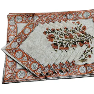 Indiano mão artesanal bloco impresso esteiras conjunto de 6 placemats Natal e guardanapos set table mat tapetes de algodão e linho sesta