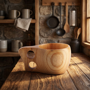 Tasse en bois de forme irrégulière avec poignée à double trou, anti-fuite, compatible lave-vaisselle, écologique, design minimaliste, tasse à thé - Product Image 1