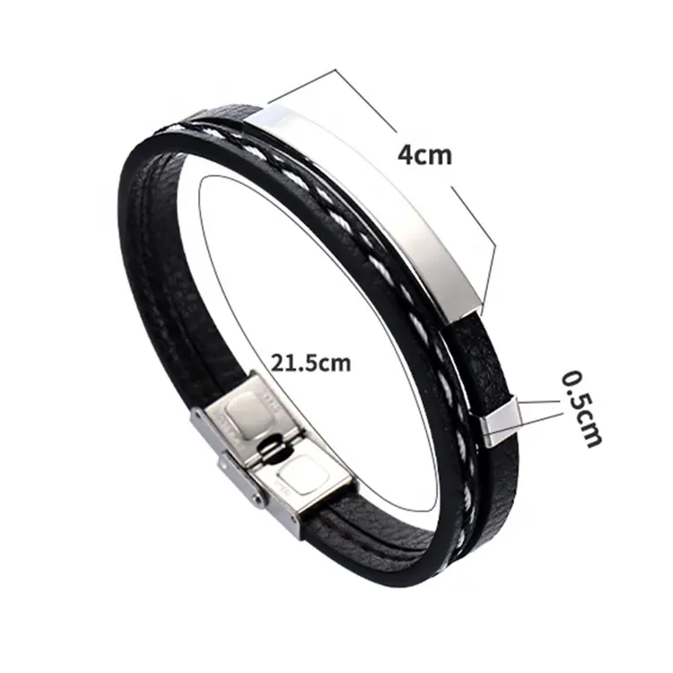Fashion jewelry bracelets Factory Supply Black Stainless Steel Engraving Eco-friendly Leather Bracelet For Men
