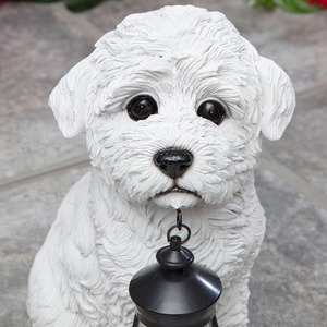 Patio Pad Solar Tuin Licht Hars Witte Hond Sculptuur Bichon Zonne Lantaarn Standbeeld