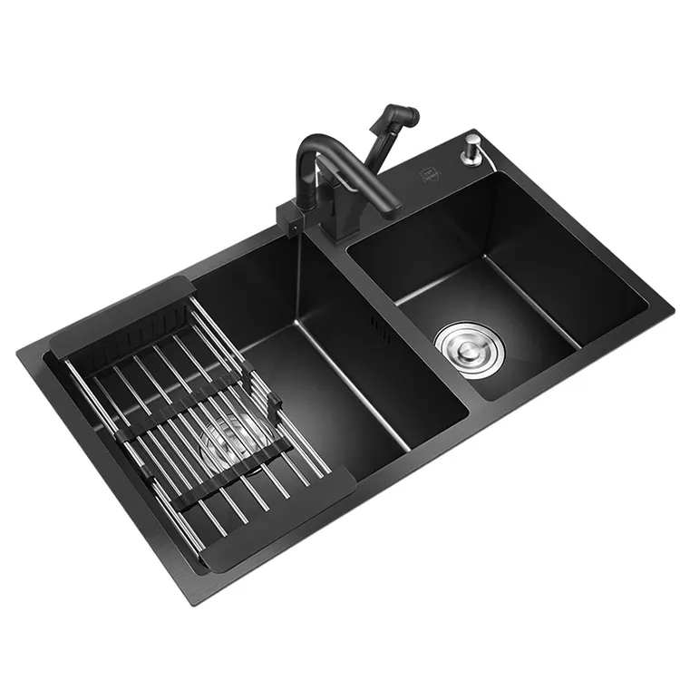 Hot Sale Stainless Steel Deep Basin Nano Double Bowl Undermount Handmade Black Kitchen Sink
