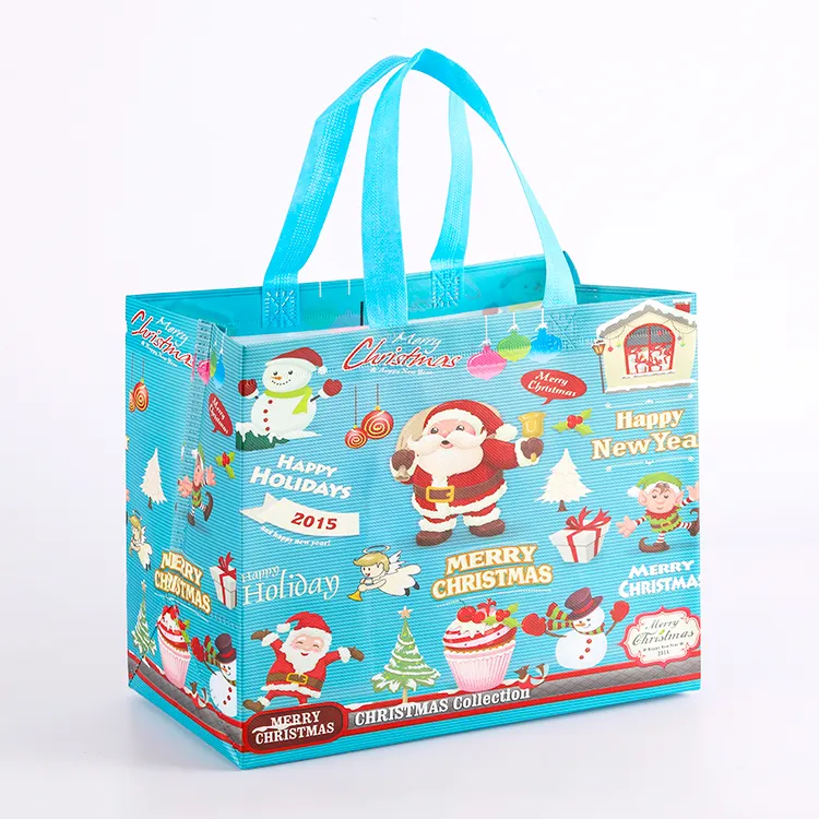 Os PP reusáveis laminaram não-tecidos sacolas de compras Eco-Friendly Blue Christmas Packaging Bags com logotipo personalizado para presentes