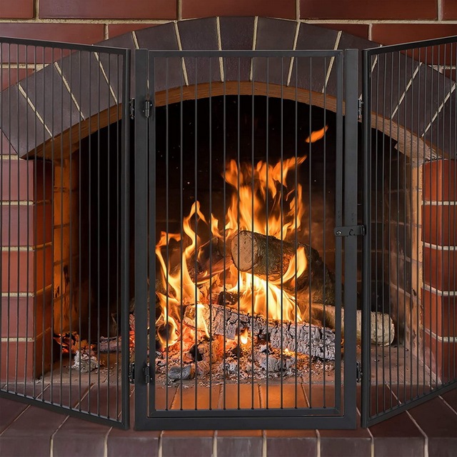 3 Panels Black Fire Spark Guard Grate Large Steel Mesh Fireplace Screen With Tool Sets
