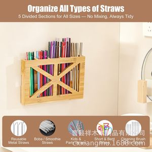 Wooden Straw <b>Storage</b> Rack Wall Mounted Natural Bamboo Organizer For Cafes Office Home Use - Product Image 5