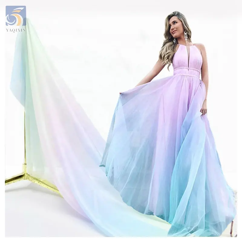 2024 New Design Stylish Digital Printing Chiffon Fabric 5 Light Colors Dress Ombre Rainbow Chiffon Fabric By Roll Yards