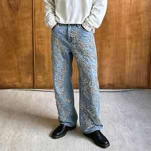 Pantalon en <span class=keywords><strong>jean</strong></span> Y2K streetwear vintage délavé coupe droite ample avec strass et pierres précieuses personnalisées pour homme - Product Image 2