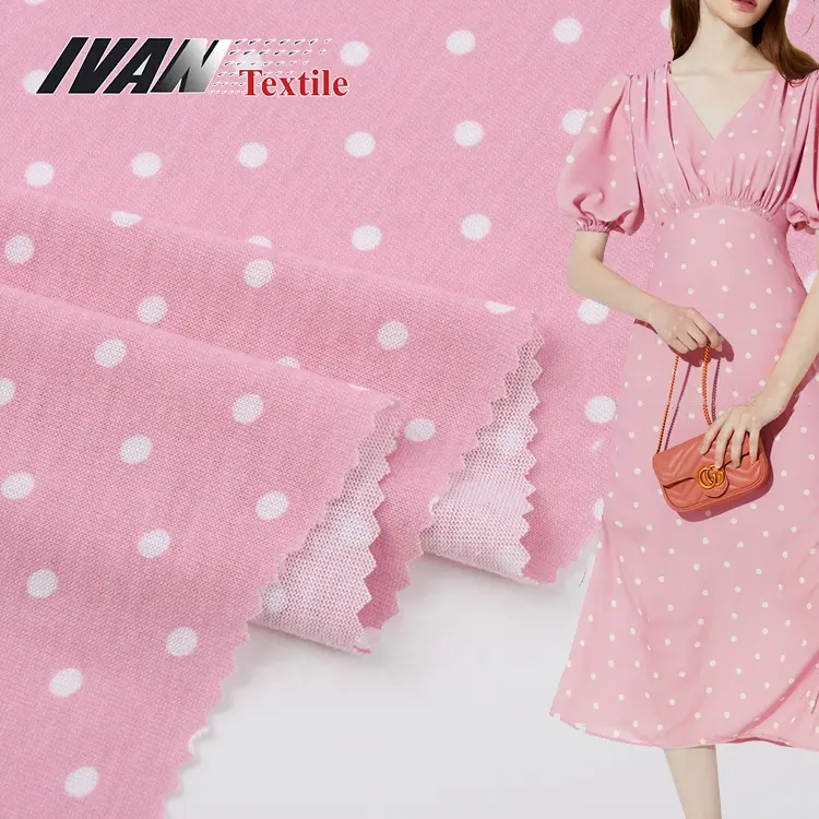 Màu Hồng Trắng Dots Bán Buôn Jersey Dệt Kim Sắc Tố In Polyester Viscose Vải Cho Trang Phục