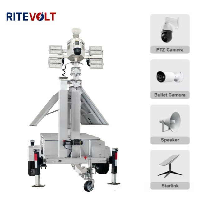 Mobile Solar Surveillance Trailer Dual 450W/600W Solar Panels IP67 Waterproof Vandal-Proof Night Vision 9m Electric Monitoring
