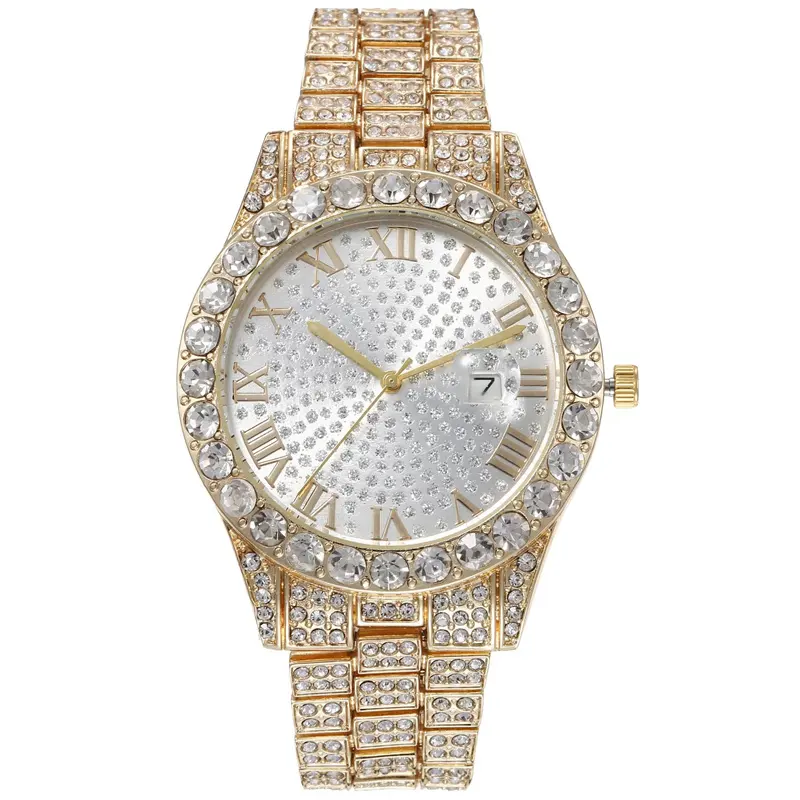 Casual 18K Gold Plated Large Dial Diamond Fashion Watch Sparkle Rhinestone Crystal Quartz Wrist Watch For Women