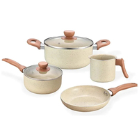 Ensemble de 6 casseroles et poêles en céramique moderne de haute qualité avec revêtement marbré, compatibles induction, couvercles en verre, poignées en bois doux au toucher, antiadhésives