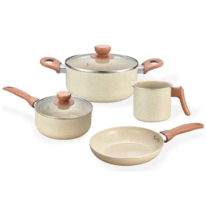 High Quality Ceramic Marble Coated Pot <b>Pan</b> Glass Lids Wooden Soft touch Handles Non Stick 6 Piece Aluminium Cookware Set - Product Image 1
