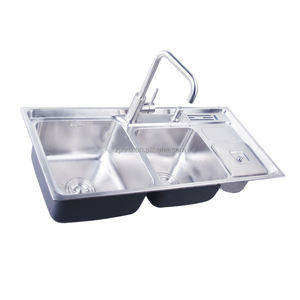 Évier de cuisine <span class=keywords><strong>double</strong></span> <span class=keywords><strong>bac</strong></span> <span class=keywords><strong>en</strong></span> acier inoxydable SUS304 X26312, taille 92 x 43 cm, avec poubelle et porte-couteaux - Product Image 3