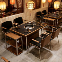 Ensemble de table de restaurant BBQ, table de barbecue sans fumée pour l'intérieur, structure en bois et métal, table de barbecue avec chaises pour restaurant de fondue