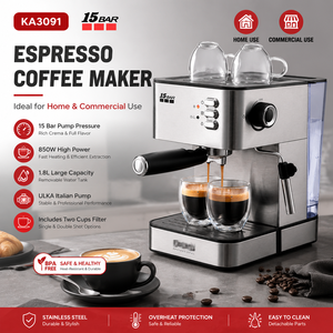 Machine à expresso Foodsense en acier inoxydable, pression de 15 bars, réservoir d'eau de 1,8 L, commande tactile, fonctionnement automatique, 850 W, électrique - Product Image 4