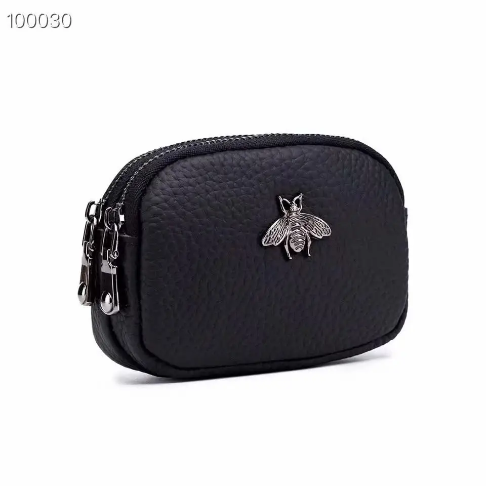New Genuine leather bee Mini Cosmetic Bag zero wallet double zipper zero small wallet