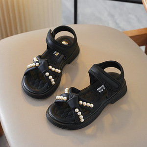 Nouvelles sandales d'été pour étudiantes, à nœuds et perles, semelles souples en caoutchouc, chaussures de princesse pour filles, mode enfant, cuir PU - Product Image 4